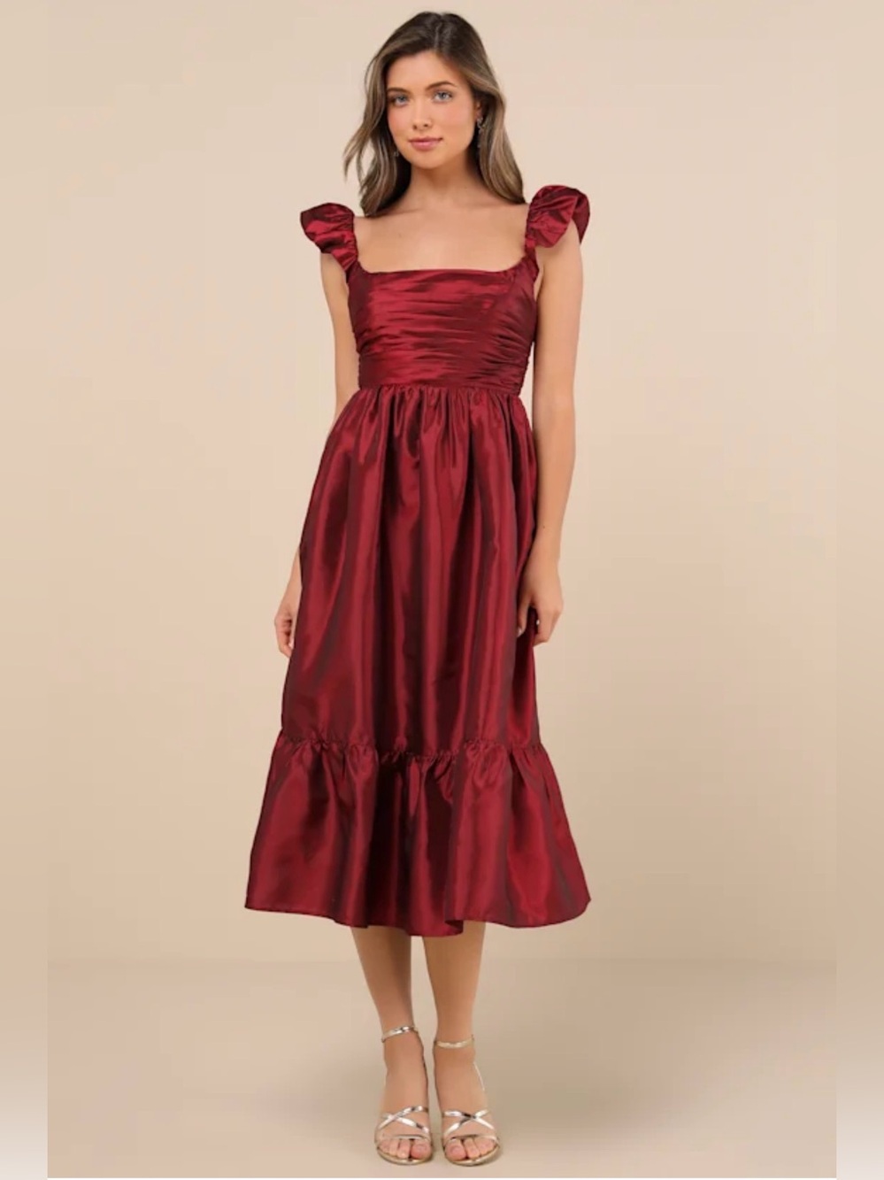 NWT Lulus Burgundy Midi Organza Lace Up Back Dress with Ruffled Straps